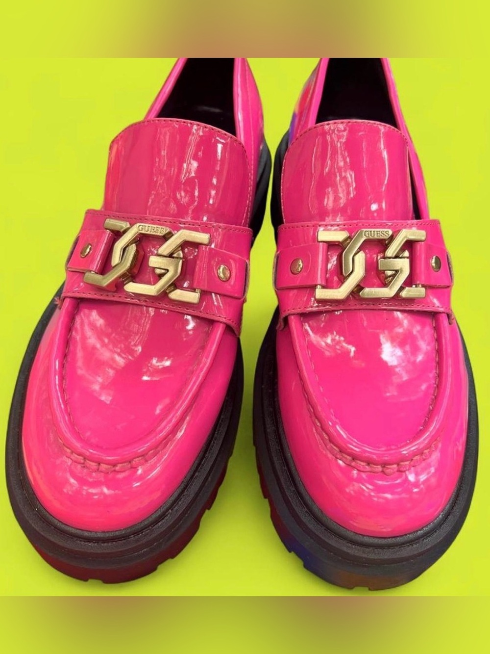 Guess Women’s Keate Lug Sole Penny Hot Pink Patent Loafers with Gold links